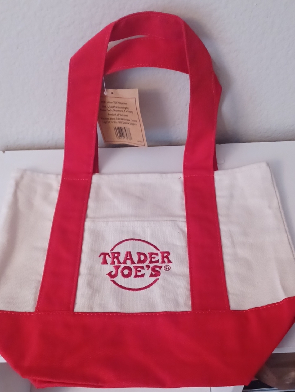 Trader Joe's Red and White Mini Canvas Tote Bag Nwt